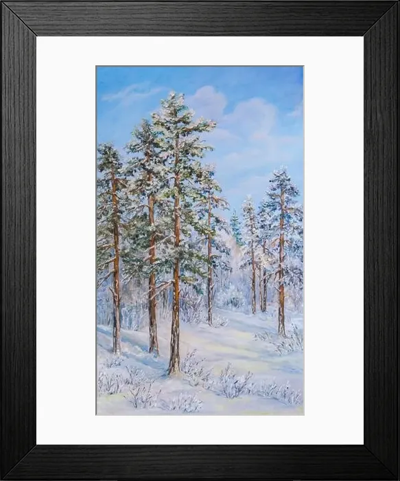 Framed Print : Winter landscape with trees in the snow on a canvas. Original oil painting Framed Print : Winter landscape with trees in the snow on a canvas. Original oil painting