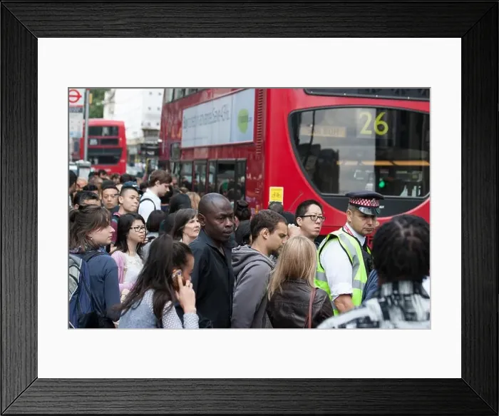 Framed Print : Police control Queues for buses during Londons underground rail tube strike at bus stop at Liverpool street Framed Print : Police control Queues for buses during Londons underground rail tube strike at bus stop at Liverpool street