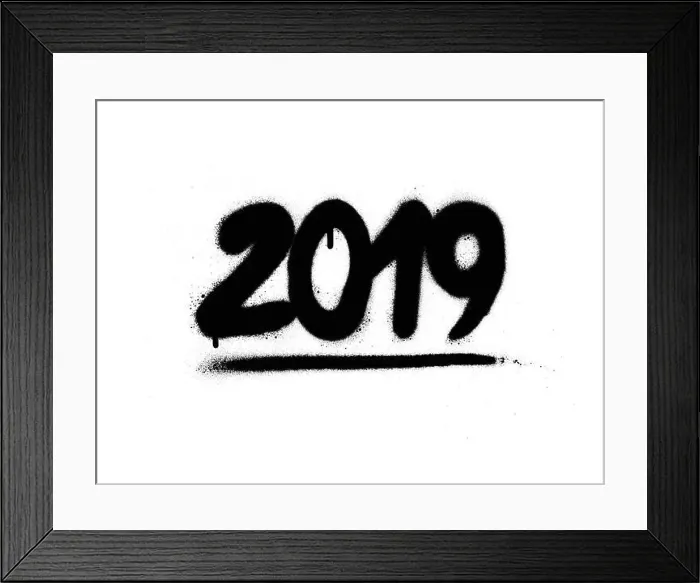Framed Print : graffiti 2019 date sprayed in black over white Framed Print : graffiti 2019 date sprayed in black over white