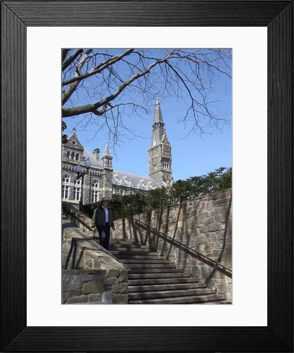 Framed Print : Stone stairway leads down from campus of Georgetown University in Washington DC USA with Healy Hall in background Framed Print : Stone stairway leads down from campus of Georgetown University in Washington DC USA with Healy Hall in background