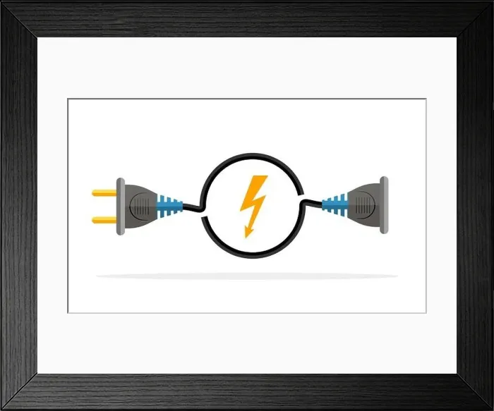 Framed Print : Wire plug and socket icon. Vector illustration. Plug, socket and rounded cord Framed Print : Wire plug and socket icon. Vector illustration. Plug, socket and rounded cord