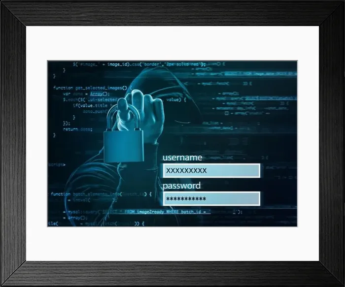 Framed Print : Login form and hacker with lock on dark background. Concept of cyber attack and security Framed Print : Login form and hacker with lock on dark background. Concept of cyber attack and security