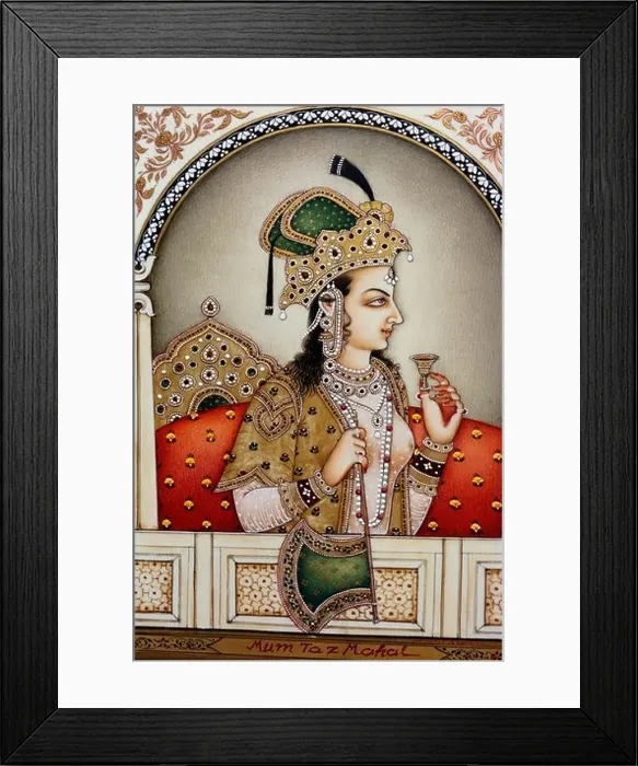 Framed Print : Mughal princess Mumtaz Mahal sitting throne sipping wine miniature painting Framed Print : Mughal princess Mumtaz Mahal sitting throne sipping wine miniature painting