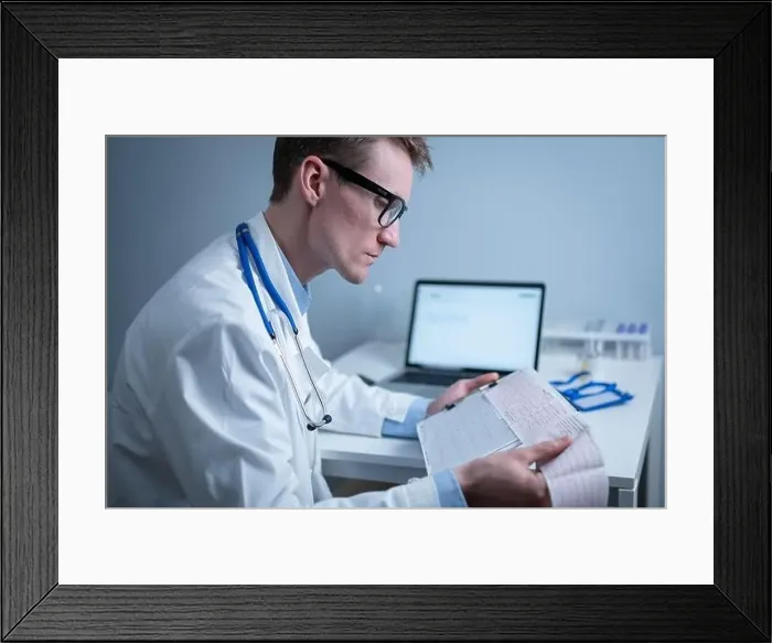 Framed Print : Cardiologist reading an ECG print-out Framed Print : Cardiologist reading an ECG print-out