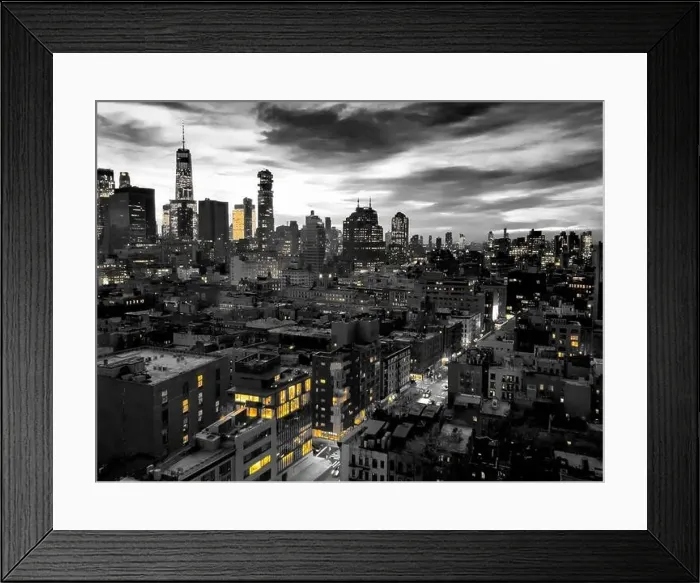 Framed Print : New York City skyline view at night with yellow lights contrasted against the black Framed Print : New York City skyline view at night with yellow lights contrasted against the black