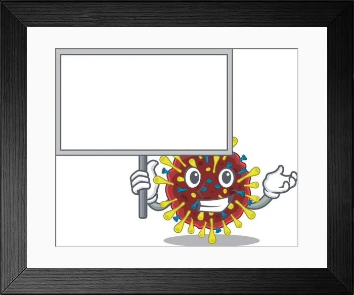 Framed Print : Corona virus molecule cute cartoon character bring a board