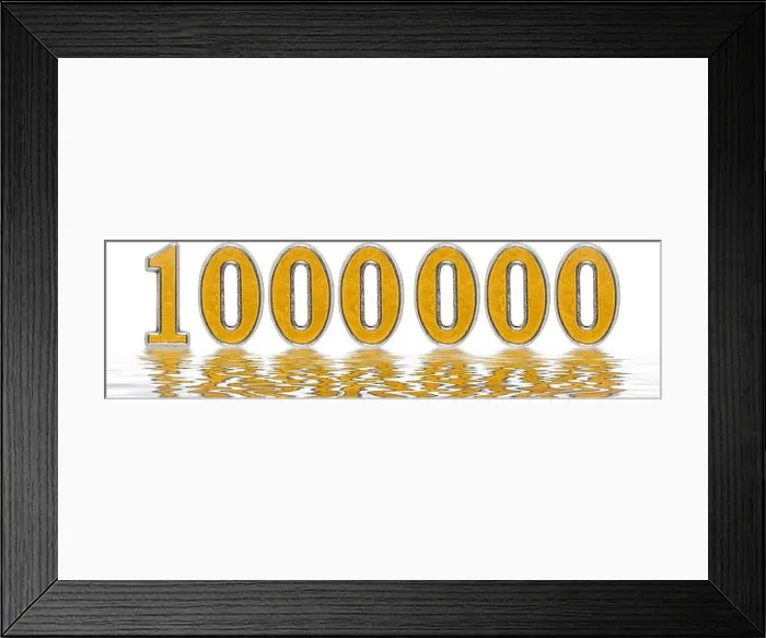 Framed Print : Numeral 1000000, one million, reflected on the water surface, isolated on white, 3d render