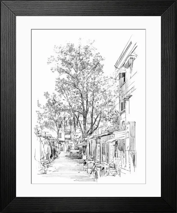 Framed Print : sketch of narrow street with old buildings in China Framed Print : sketch of narrow street with old buildings in China