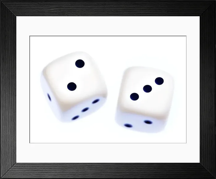 Framed Print : Close up of two dice number 2 and 3 on white background Framed Print : Close up of two dice number 2 and 3 on white background