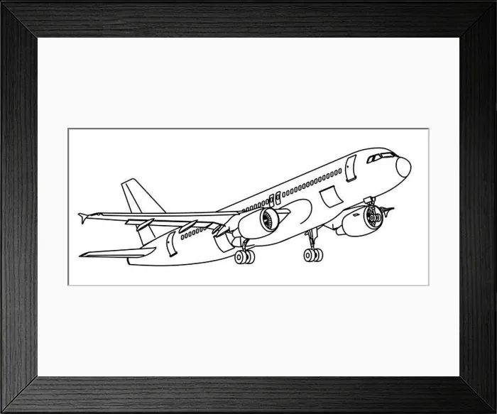 Framed Print : Black and white drawing, simple line, spirit ligne claire'. Airbus A320 take-off