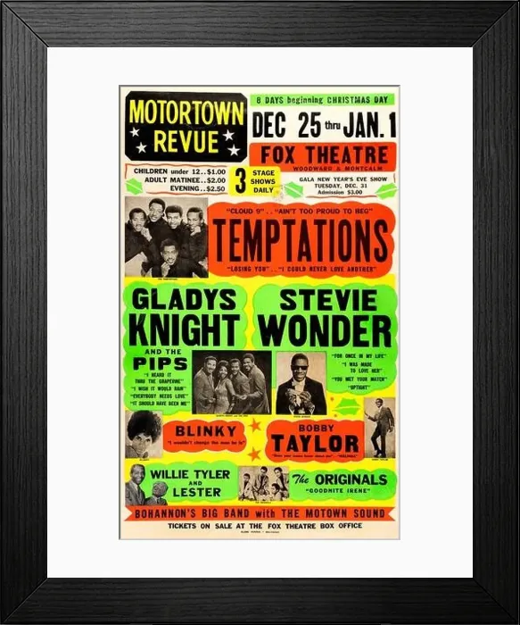 Framed Print : Motortown Revue, Fox Theatre - Temptations, Gladys Knight, Stevie Wonder and more, Detroit 1968-1969 Concert poster Framed Print : Motortown Revue, Fox Theatre - Temptations, Gladys Knight, Stevie Wonder and more, Detroit 1968-1969 Concert poster