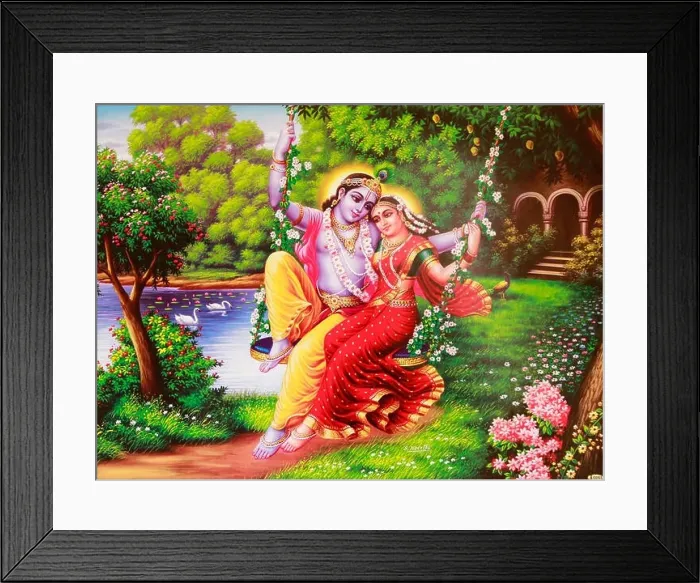Framed Print : Painting of hindu god Krishna and Radha on a swing Framed Print : Painting of hindu god Krishna and Radha on a swing