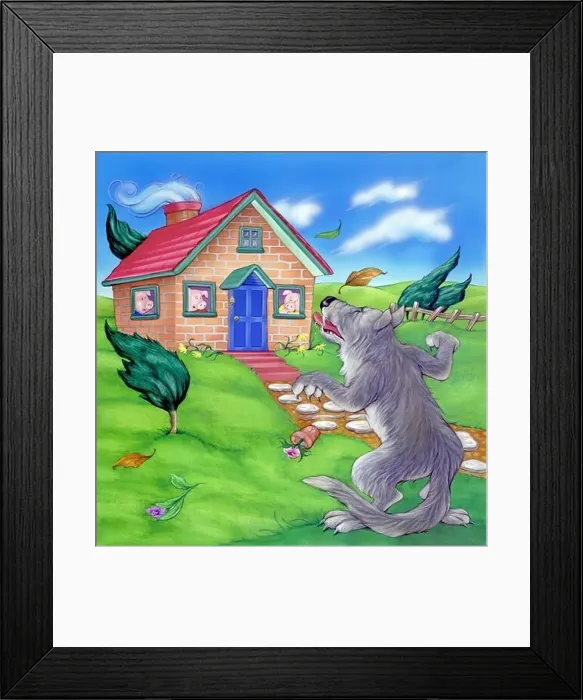 Framed Print : Children's story books-3 little pigs safe in brick housewolf huffing & puffing Framed Print : Children's story books-3 little pigs safe in brick housewolf huffing & puffing