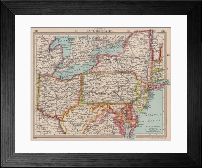Framed Print : Eastern United States. USA. Ohio NY WV MD Pennsylvania. BARTHOLOMEW 1949 map Framed Print : Eastern United States. USA. Ohio NY WV MD Pennsylvania. BARTHOLOMEW 1949 map