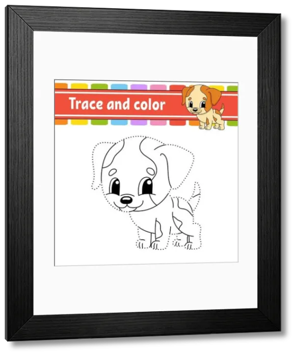 Framed Print : Trace and color. Dog animal. Coloring page for kids Framed Print : Trace and color. Dog animal. Coloring page for kids