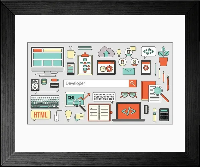 Framed Print : Web and software developer banner with seacrh bar and thin line objects and work tools on a desk Framed Print : Web and software developer banner with seacrh bar and thin line objects and work tools on a desk