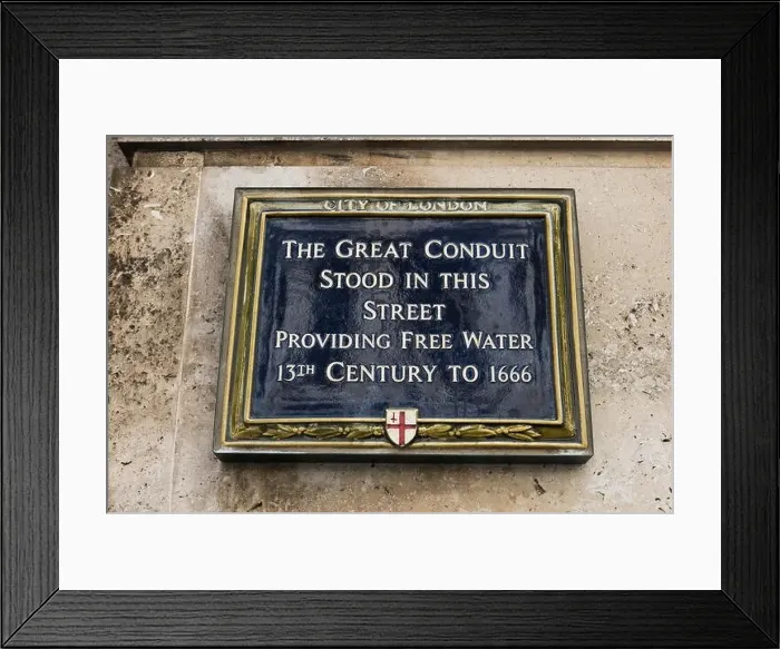 Framed Print : A commemorative blue plaque for The Great Conduit display on a wall in London, United Kingdom Framed Print : A commemorative blue plaque for The Great Conduit display on a wall in London, United Kingdom