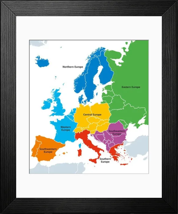 Framed Print : Europe regions, political map, with single countries Framed Print : Europe regions, political map, with single countries
