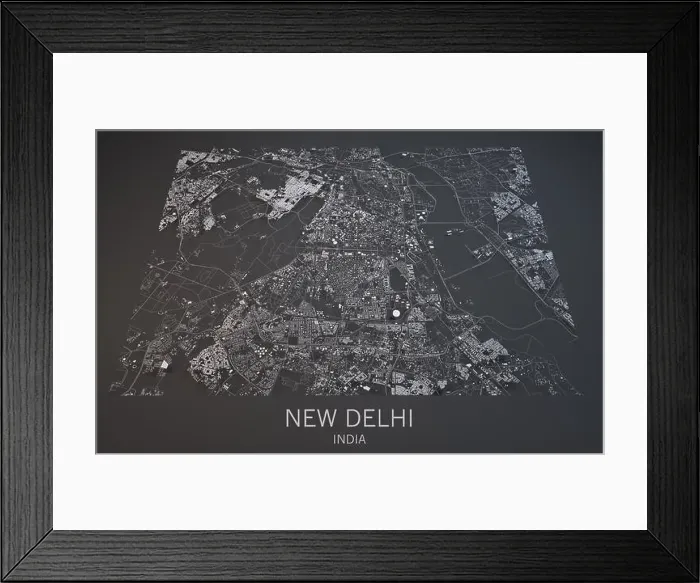 Framed Print : Map of New Delhi, India, satellite view map in 3d. Black and white Framed Print : Map of New Delhi, India, satellite view map in 3d. Black and white