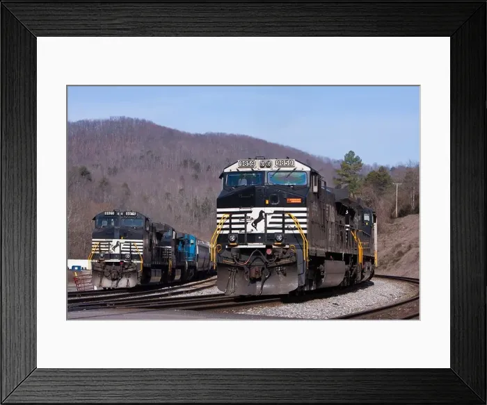 Framed Print : Two Norfolk Southern freight trains await new crews at Oakdale, TN
