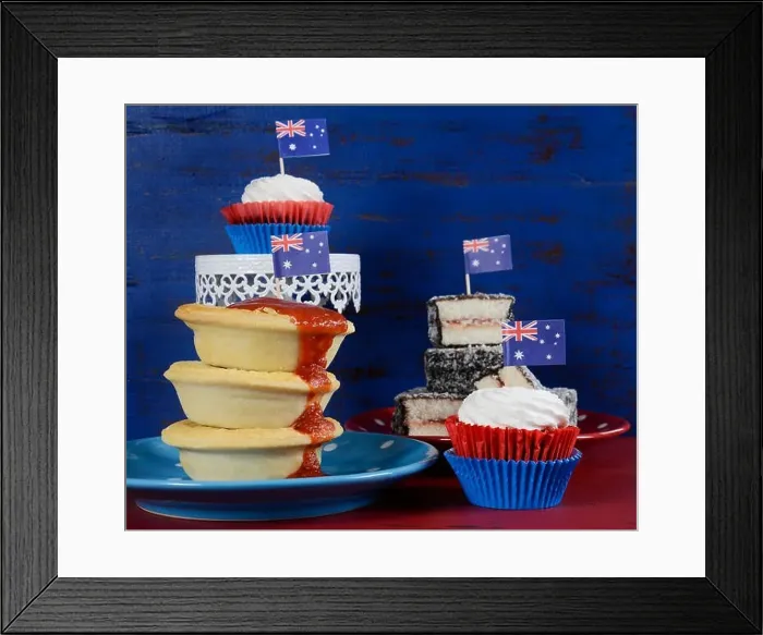 Framed Print : Happy Australia Day January 26 party food with iconic meat pies, lamingtons and cupcakes Framed Print : Happy Australia Day January 26 party food with iconic meat pies, lamingtons and cupcakes
