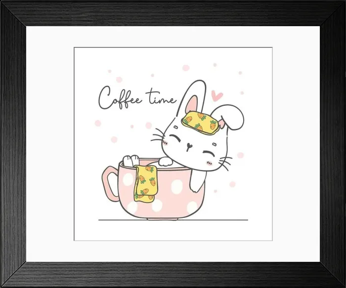 Framed Print : Cute kawaii white bunny rabbit soaking in coffee cup, cute cartoon character animal hand drawing doodle Framed Print : Cute kawaii white bunny rabbit soaking in coffee cup, cute cartoon character animal hand drawing doodle