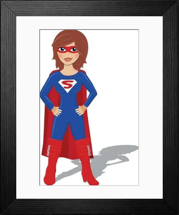 Framed Print : supergirl superhero woman in blue advertising cartoon drawing
