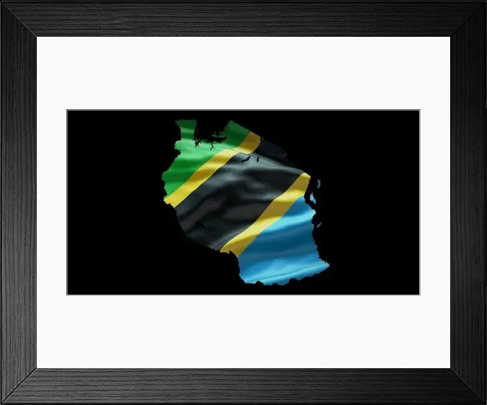 Framed Print : Tanzania map shape with waving flag background. Alpha channel outline of country Framed Print : Tanzania map shape with waving flag background. Alpha channel outline of country