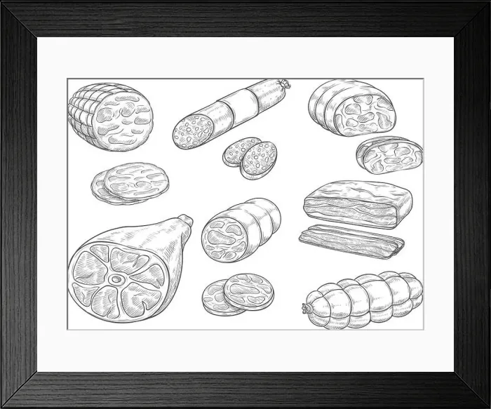 Framed Print : Meat and sausages sketch icons Framed Print : Meat and sausages sketch icons