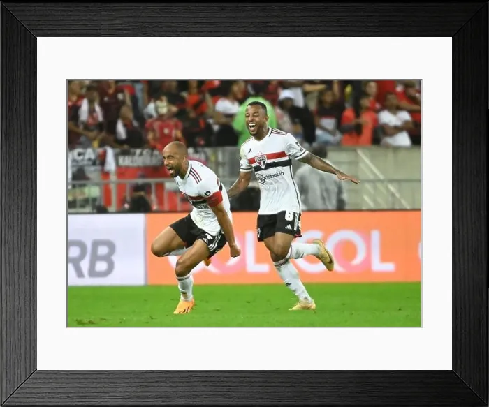 Framed Print : Sao Paulo's Lucas Moura celebrates after scoring against Flamengo during a soccer match for the Brazilian Serie A Framed Print : Sao Paulo's Lucas Moura celebrates after scoring against Flamengo during a soccer match for the Brazilian Serie A