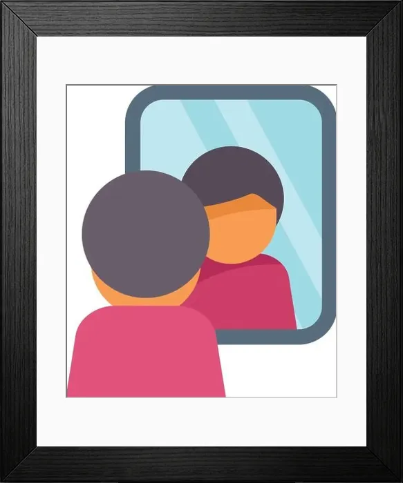Framed Print : Young man is looking at his reflection in the mirror, a symbol of introspection and self awareness Framed Print : Young man is looking at his reflection in the mirror, a symbol of introspection and self awareness
