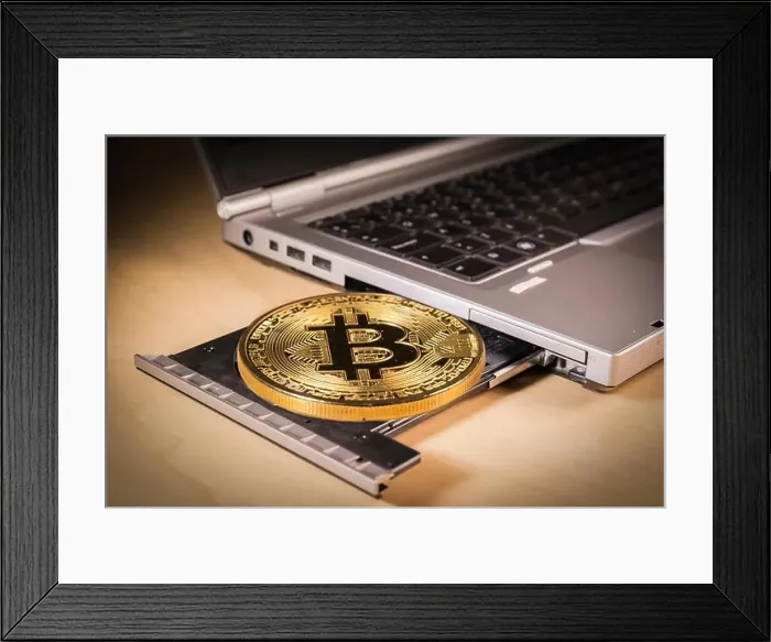 Framed Print : Physical giant bitcoin over a laptop's CD drive. Trading and mining concept of cryptocurrency Framed Print : Physical giant bitcoin over a laptop's CD drive. Trading and mining concept of cryptocurrency