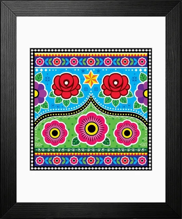 Framed Print : Pakistani and Indian truck art vector design with roses, star flowers, Diwali colorful pattern Framed Print : Pakistani and Indian truck art vector design with roses, star flowers, Diwali colorful pattern