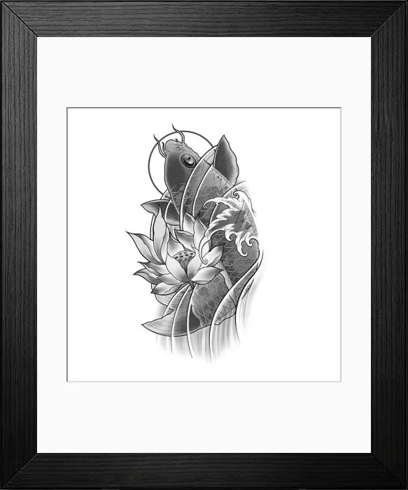 Framed Print : Hand drawn koi fish with lotus flower and water wave tattoo design Framed Print : Hand drawn koi fish with lotus flower and water wave tattoo design