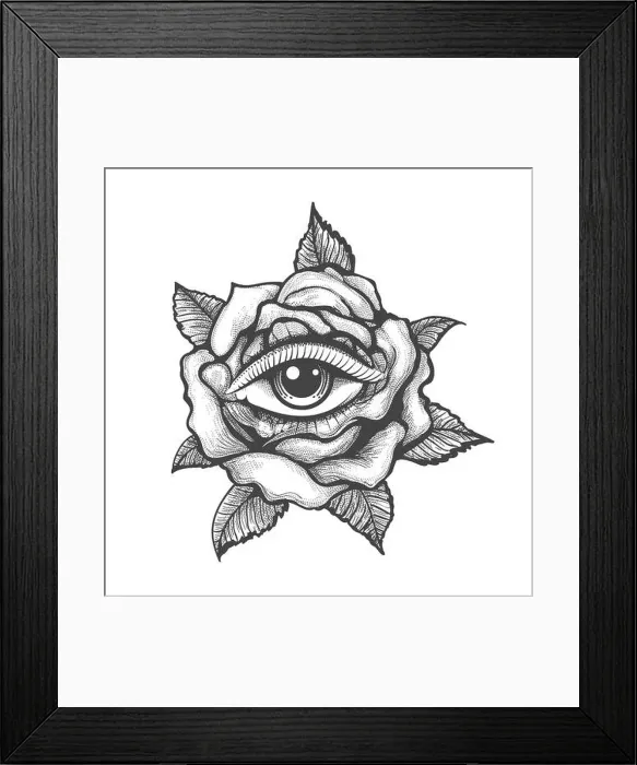 Framed Print : Tattoo with Human Eye inside a Rose flower isolated on white background. Vector illustration Framed Print : Tattoo with Human Eye inside a Rose flower isolated on white background. Vector illustration