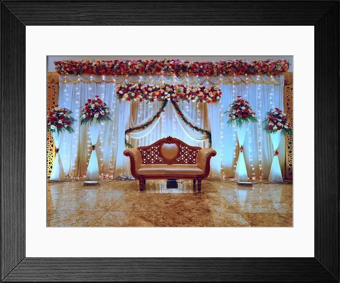 Framed Print : A decorated stage set for a wedding reception with curtains Framed Print : A decorated stage set for a wedding reception with curtains