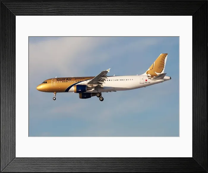 Framed Print : FRANKFURT / GERMANY - DECEMBER 8, 2012: Gulf Air Airbus A320 A9C-AQ passenger plane landing at Frankfurt Airport Framed Print : FRANKFURT / GERMANY - DECEMBER 8, 2012: Gulf Air Airbus A320 A9C-AQ passenger plane landing at Frankfurt Airport