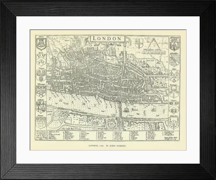Framed Print : City of London in 1593 after John Norden. Southwark 1908 old antique map chart Framed Print : City of London in 1593 after John Norden. Southwark 1908 old antique map chart