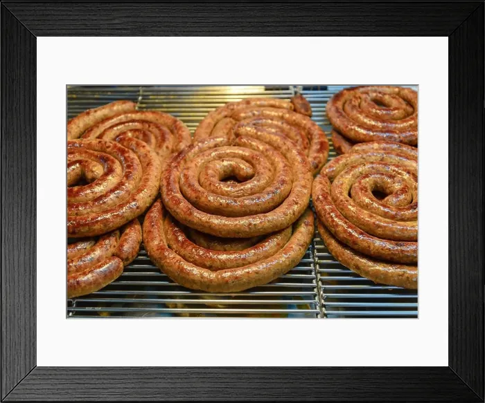 Framed Print : Sai Aua, traditional Northern Thai Spicy Sausage, stack and pile spiral shape of homemade Asian Spicy sausage in market Framed Print : Sai Aua, traditional Northern Thai Spicy Sausage, stack and pile spiral shape of homemade Asian Spicy sausage in market