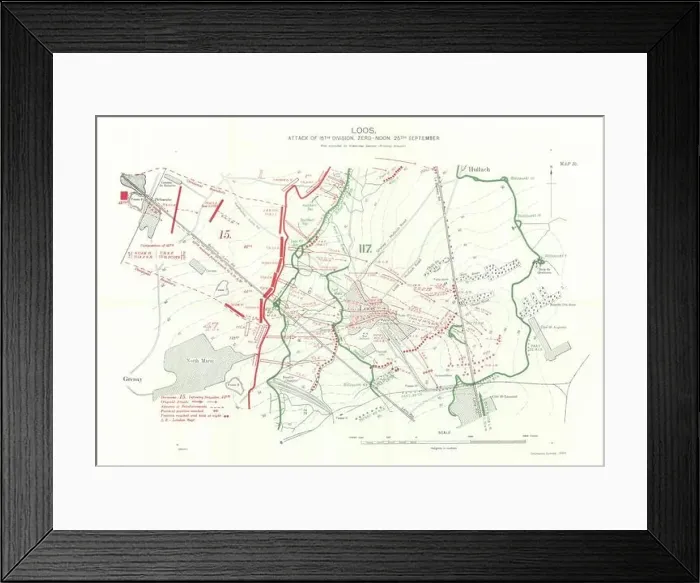 Framed Print : Battle of Loos, 15th Division attack Zero-Noon 25th Sept 1915. Trenches 1927 map Framed Print : Battle of Loos, 15th Division attack Zero-Noon 25th Sept 1915. Trenches 1927 map