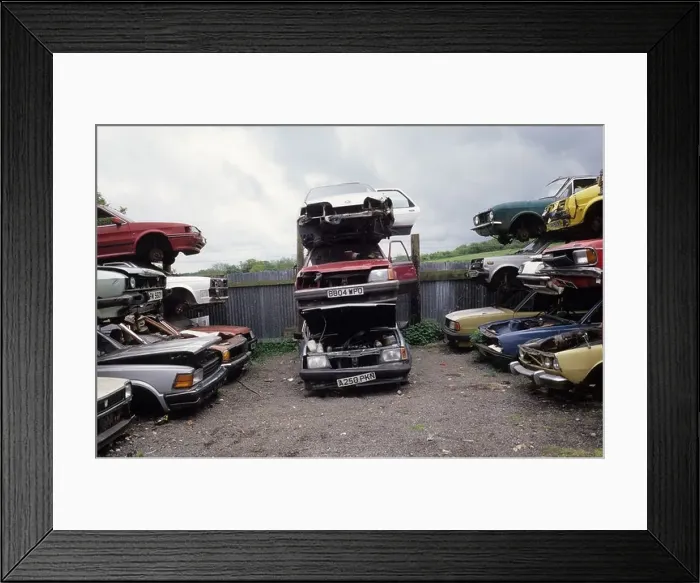 Framed Print : Cars piled on each other in scrap yard Kent Framed Print : Cars piled on each other in scrap yard Kent