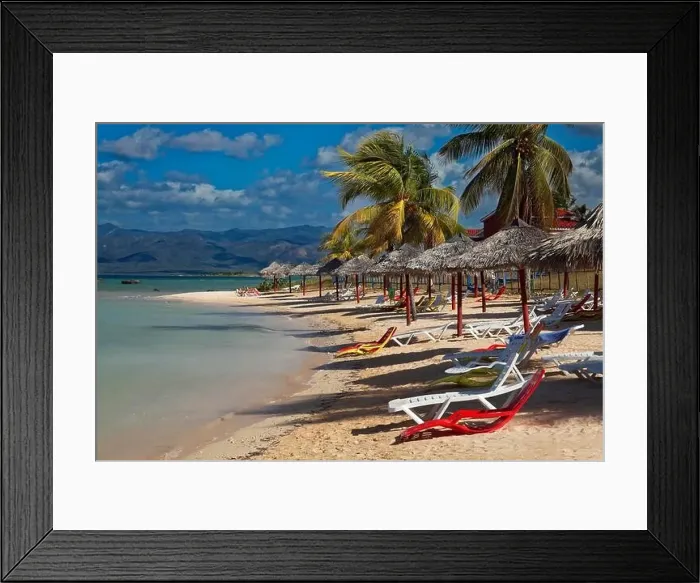 Framed Print : Beach with parasol, sun lounger Framed Print : Beach with parasol, sun lounger