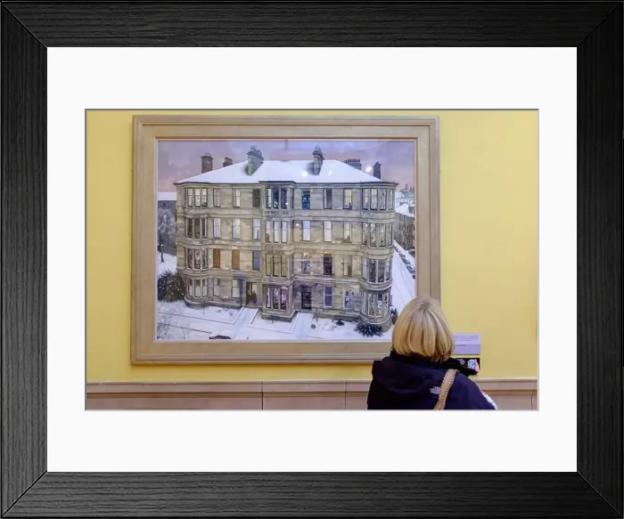 Framed Print : Visitor looking at painting Windows in the West by Avril Paton on display at Kelvingrove Art Gallery Framed Print : Visitor looking at painting Windows in the West by Avril Paton on display at Kelvingrove Art Gallery