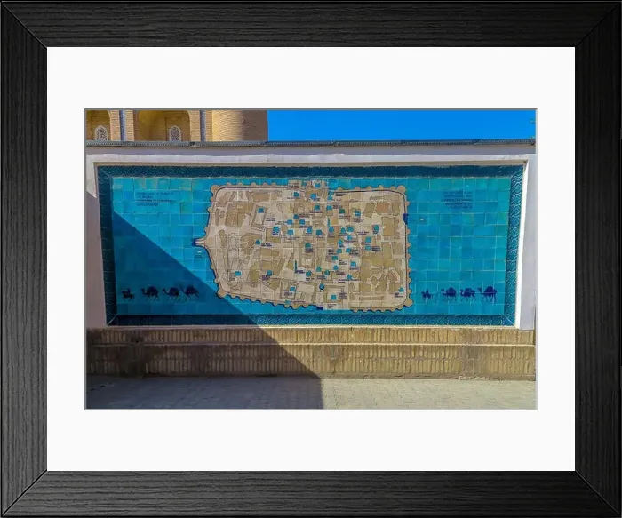 Framed Print : Khiva Old Town City Map of all Main Landmarks Sights and Roads on Blue Tiles Framed Print : Khiva Old Town City Map of all Main Landmarks Sights and Roads on Blue Tiles