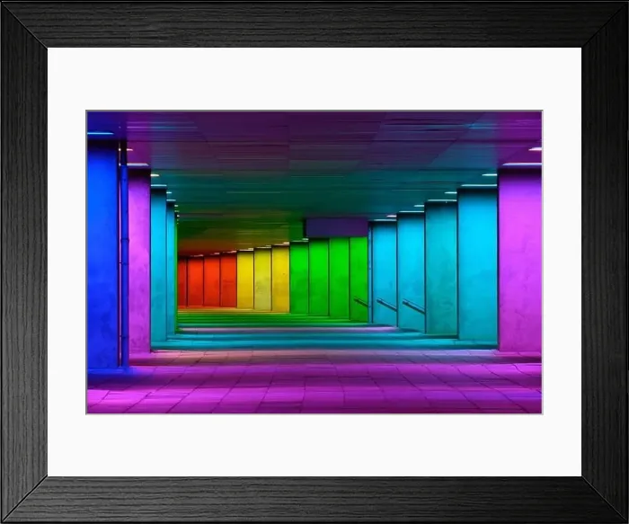 Framed Print : Colorful mulitcolord illuminated gallery tunnel rainbow passage under NAI building Framed Print : Colorful mulitcolord illuminated gallery tunnel rainbow passage under NAI building