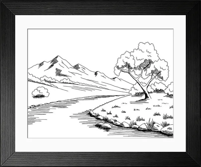 Framed Print : Mountain river graphic black white landscape sketch illustration vector Framed Print : Mountain river graphic black white landscape sketch illustration vector