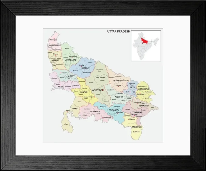 Framed Print : administrative and political map of indian state of Uttar Pradesh, india