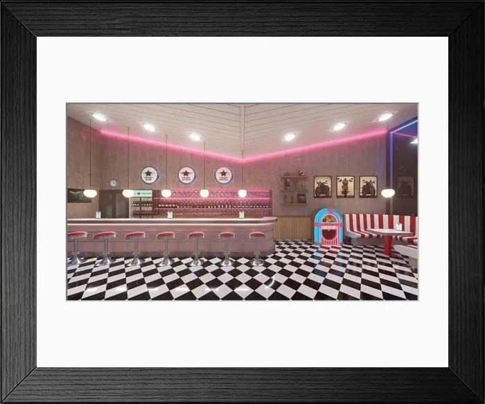 Framed Print : Retro diner interior with a tile floor, neon illumination, jukebox and art deco style bar stools. 3d illustration Framed Print : Retro diner interior with a tile floor, neon illumination, jukebox and art deco style bar stools. 3d illustration