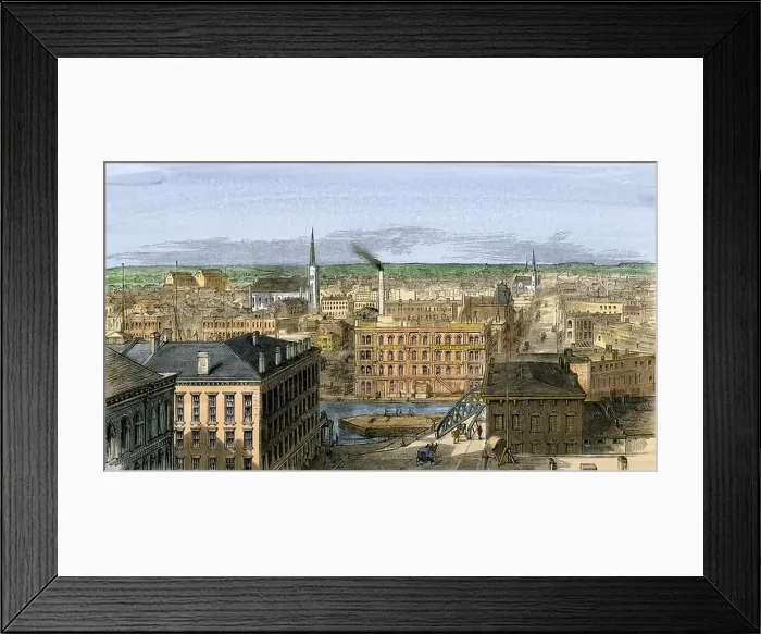 Framed Print : Milwaukee Wisconsin looking west from the waterfront of Lake Michigan 1870s. Hand-colored woodcut Framed Print : Milwaukee Wisconsin looking west from the waterfront of Lake Michigan 1870s. Hand-colored woodcut