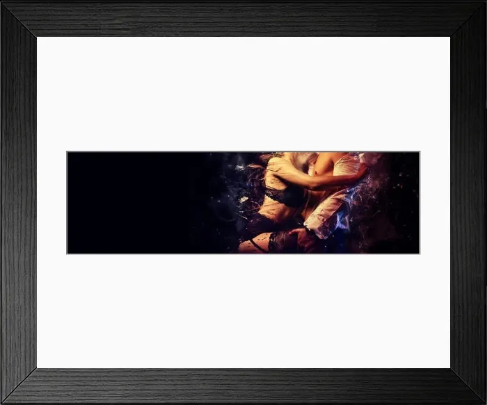 Framed Print : Couple in love kissing horizontal view on grey copy space background Framed Print : Couple in love kissing horizontal view on grey copy space background